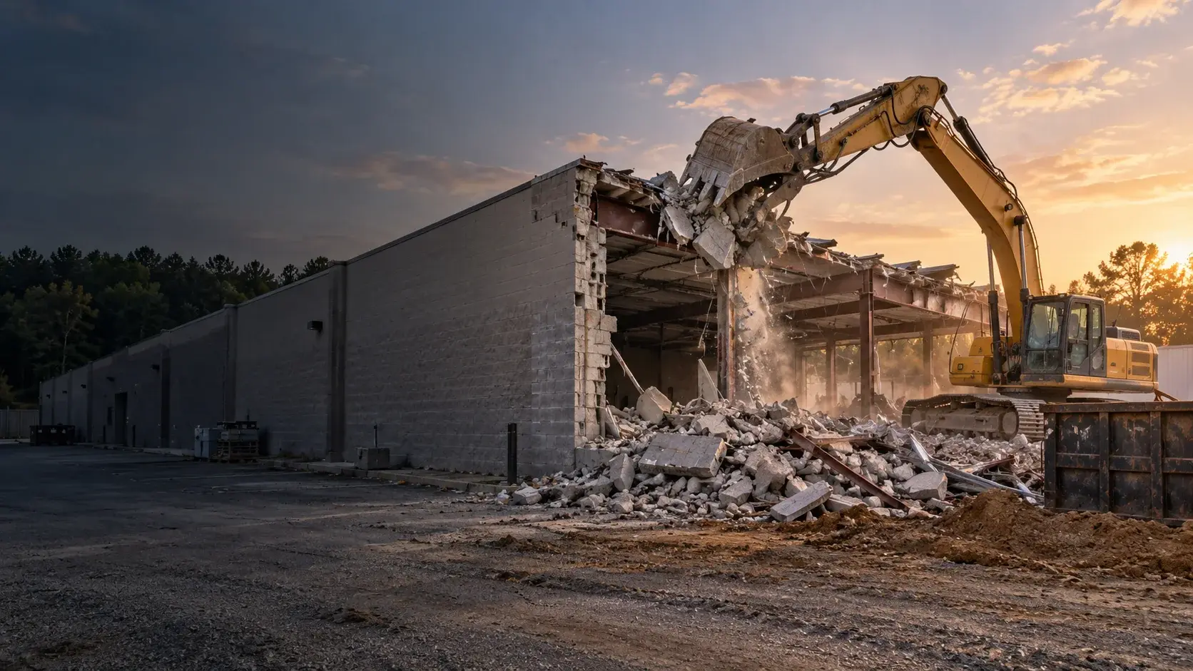 Excavator demolishing a low-rise commercial building