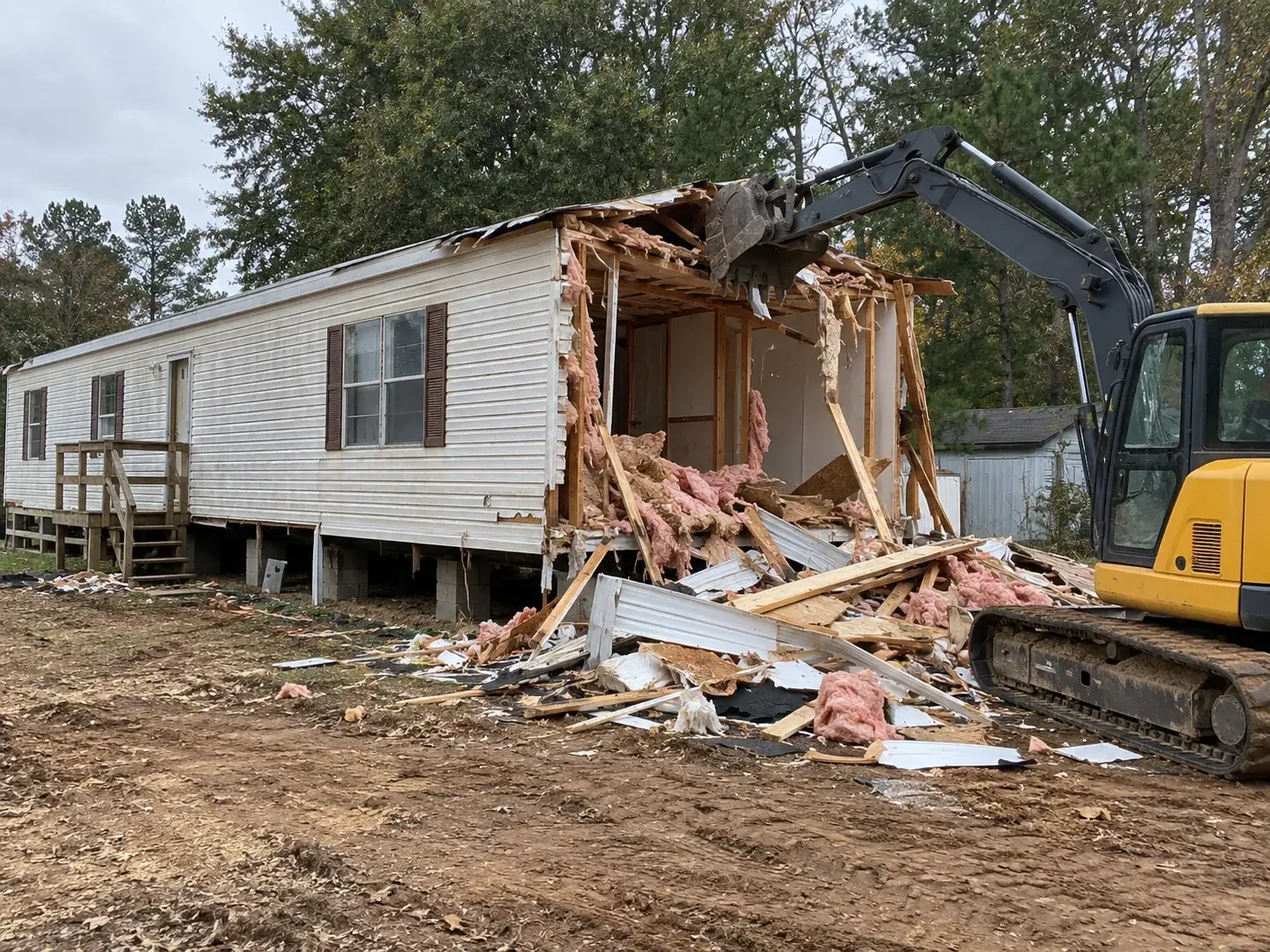 Compact excavator demolishing an older mobile home