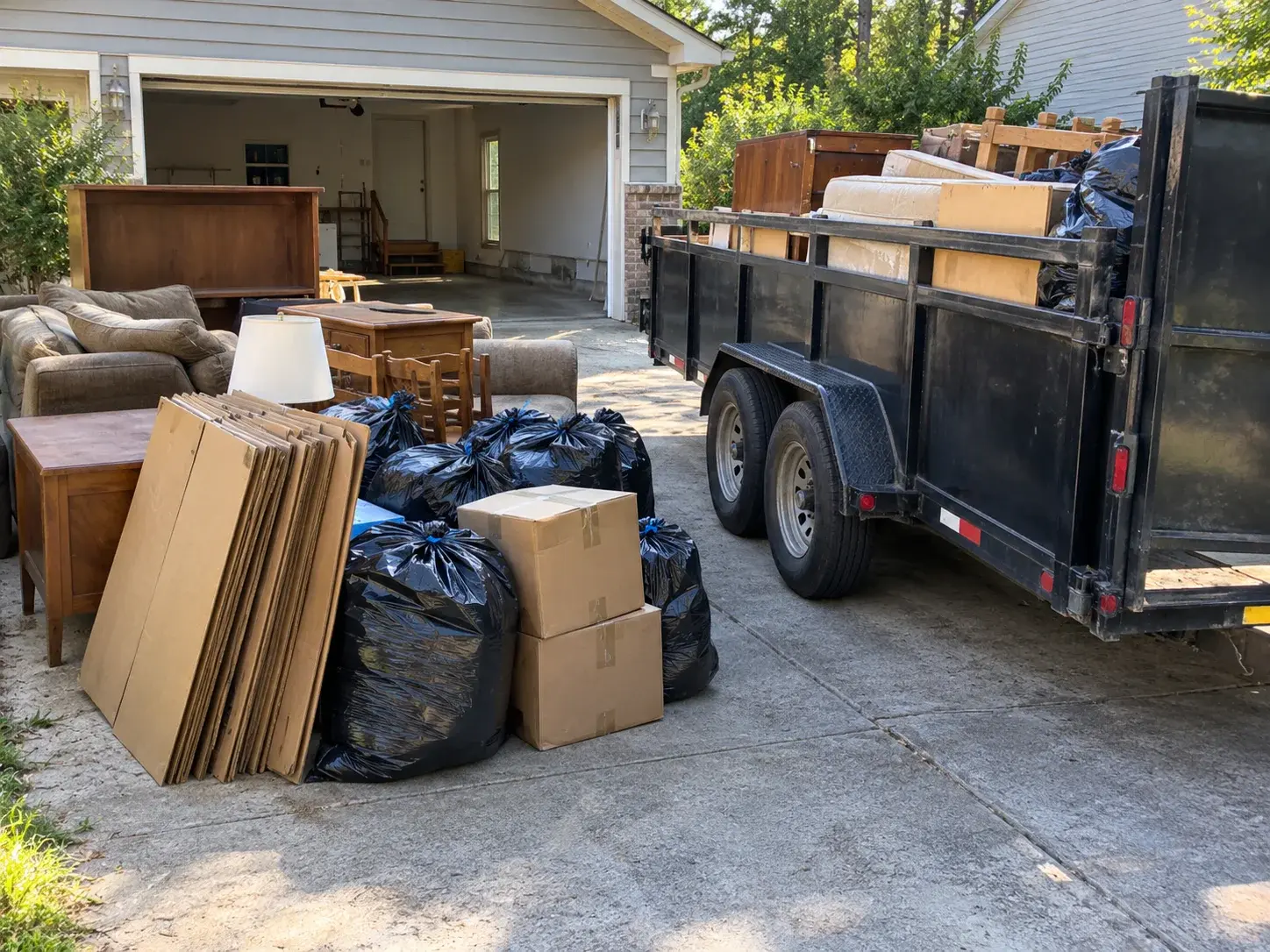 Household contents staged beside a trailer during a property cleanout