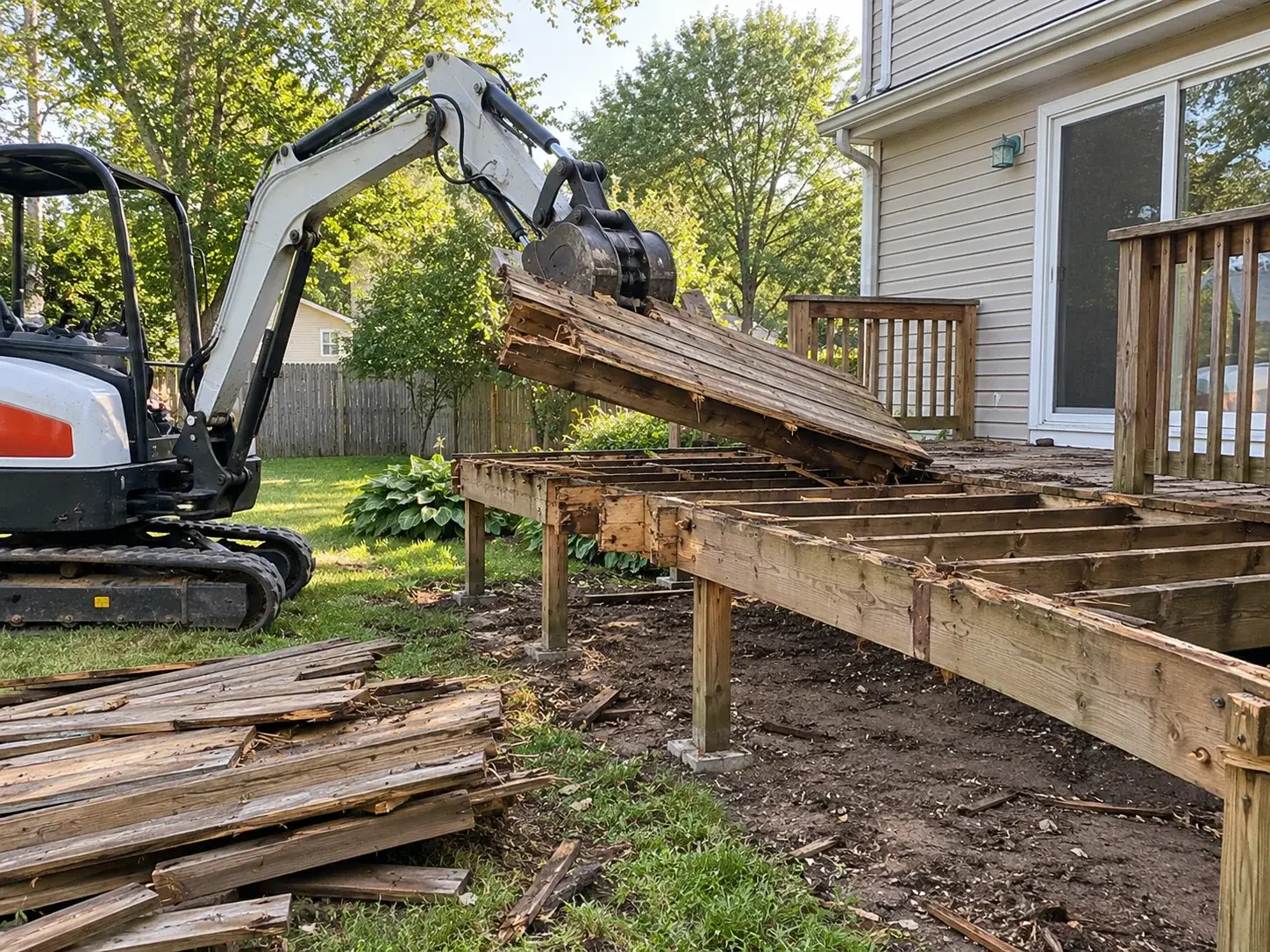 Mini excavator lifting deck boards from exposed framing