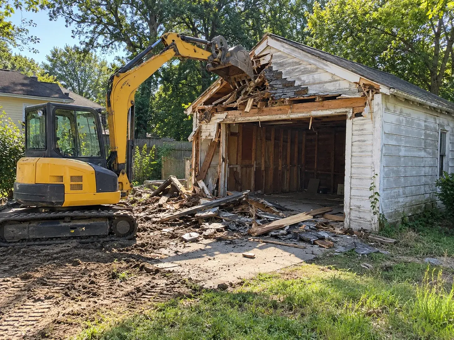 Mini excavator removing a detached residential garage