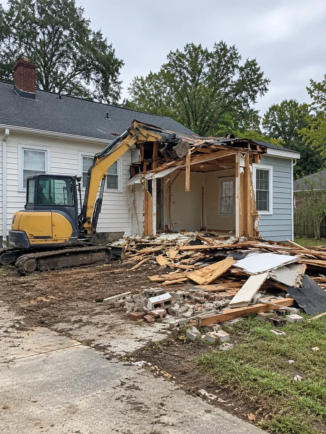 Mini excavator selectively removing a rear home addition